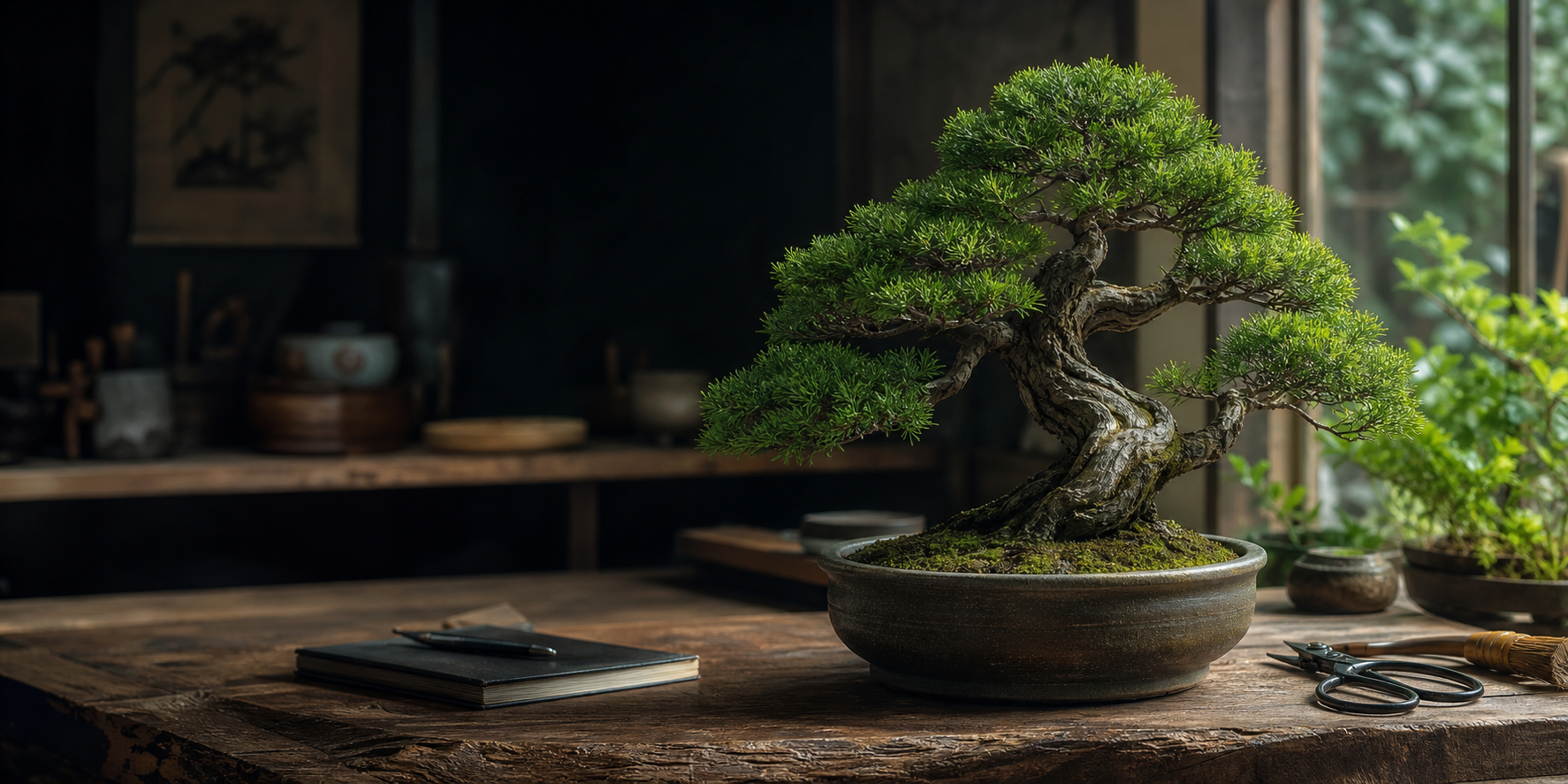 Bonsai on a workshop table with pruning tools and notebook